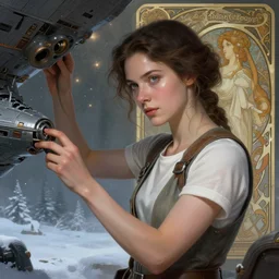 epic portrait an woman engineer fixing an starship during winter, white t shirt with a vest, pretty face, glossy skin, beauty digital painting, artstation, concept art, soft light, hdri, smooth, sharp focus, illustration, fantasy, intricate, elegant, highly detailed, D&D, matte painting, in the style of Greg Rutkowski and Alphonse Mucha and artemisia, 8k, highly detailed, jurgens, rutkowski, bouguereau, pastoral, rustic, georgic