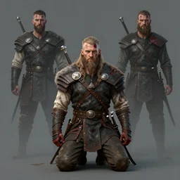 aesthetic digital illustration of a kneeling viking warrior, by anne stokes, greg rutkowski, and brian belledin | dirty and bloody, concept art, character concept, matte background. unreal engine, finalrender, centered, deviantart, artgerm