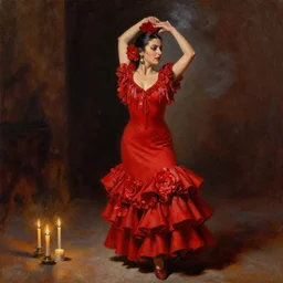 vintage detailed oil painting of spanish flamenco dancer in mallorca wearing a red dress made of flowers, dimly lit by candles on the ground, looking away, her head is vapor, dark shadows, photo realistic, extreme detail skin, no filter, slr, 4 k, high definition