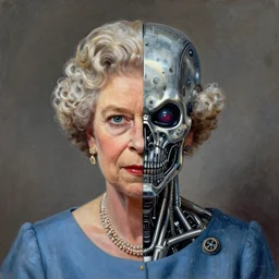 queen elizabeth the second in the image of a cyborg killer terminator she has the right half of the terminator face and the left half of the face is her own art illustration painting high resolution high quality fantasy art