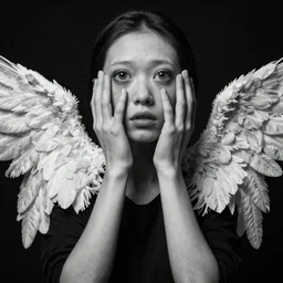 absurd image with eyes, hands, wings, symbolism, black and white, weirdcore, art