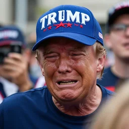 photo still of a trump supporter crying, soaked in tears, mascara running down, street photography, maga hat, canon 7 0 - 2 0 0 mm lens f 2. 8