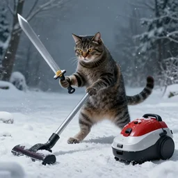 cat wielding a sword fighting a vacuum cleaner in the snow, horror
