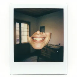 Polaroid photography of a detached face smiling with crooked teeth in an old house