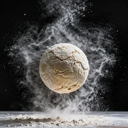 a ball of dough floating in the air on a black background, flour dust spray, backlit, high quality action photography, studio photo, 50mm