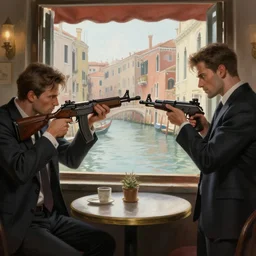 two criminals in suits aiming an assault rifle at each other in a cafe in venice, window overlooking venice canals, digital painting, amazing detail, sharp, intricate, smooth, realistic faces, artstation, in the style of greg rutkowski and artgerm