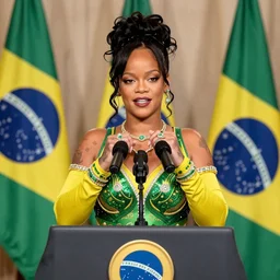 Rihanna as president of Brazil, Brazilian flags behind her, she is delivering a speech, Brazilian election rally, super detailed, hd