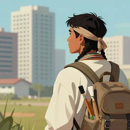a portrait of a nomad with paint tools on his backpack looking at high rise buildings, from behind, digital illustration, digital art, ultra realistic, by james jean