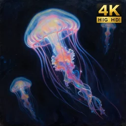 baroque oil painting of a jellyfish flying through the sky!!! different realm, cinematic, dark fantasy, acrylic palette knife, high detail, hyper realism, 4 k resolution, 8 k resolution, full hd, neon, realistic painting by junji ito, laurie lipton and michael whelan