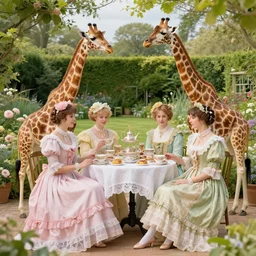 elegant victorian tea party with giraffes in an english summer garden patio, hyper realistic greg rutkowski - h 7 6 8