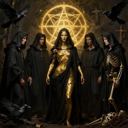 dante's inferno painting, with people in black hooded tunic like in the film eyes wide shut of stanley kubrick, illuminati symbol, crows, skeletons, crosses, dark beauty, rotten gold, perfect faces, extremely detailed, cinema 4 d, unreal engine.