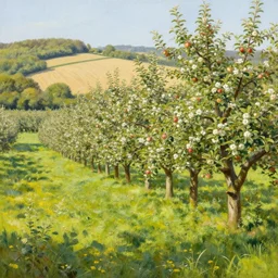 beautiful apple orchard, fields in the english countryside, summer heat, painting by james gurney
