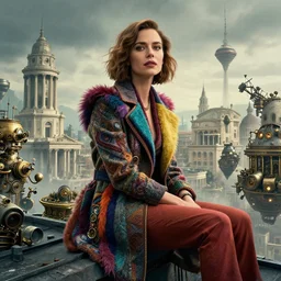 movie closeup a beautiful colorful fashion icon woman is sitting on the top of a roof. the amazing floating neoclassical city, fantasy, steampunk, intricate, amazing composition, gloomy by emmanuel lubezki