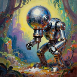 tarnished chrome drilling robot with a sphere for a head, matte oil painting, retrofuturistic, colorful, concept art, science fantasy, mutant, lgbt, rpg, epic, rusted, salt, jungles, dungeons & dragons, sharp focus, award - winning, extremely detailed, 4 k, 8 k