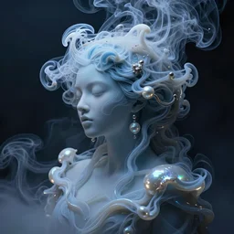 A beautiful form made of pale blue smoke in the style of Aldo Katayanagi + Thick Milky Smoke + Mother Of Pearl + Iridescent smoky Elements + Moody Cinematic Lighting + Deep Shadows + Hyper Realistic + Maximalist Composition + Intricate tendrils  + Trending on Artstation + Hall of Fame on Cgsociety + 8K portrait + fluid dynamics