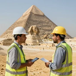 a rare candid photograph of an egyptian engineer and a construction worker talking at the early construction of the khufu pyramid, dslr high resolution
