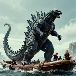 photo of wet slimy godzilla attacking the raft of the medusa, by lawrance alma - tadema by roger corman by richard corben by rick baker, fujifilm velvia 5 0. masterpiece. intricate, hyper realism, high detail, octane render, unreal engine, 8 k, by katsuhiro otomo