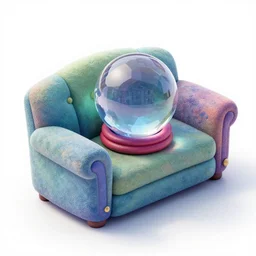 (2004-2007)  isometric candy sofa with crystal ball, sculpted, 3d render, in the style of yoworld, vmk myvmk, haunted mansion, artstation, white background, zoomed out view by Miha Rinne