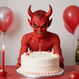 the devil at his birthday party, cake, 8 k photography
