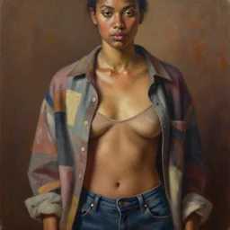 detailed portrait in femininity, ethnic, realistic face sculpted features, statuesque model, modern fashion, unbuttoned patchwork shirt, camisole and jeans, warm glow, supple, bathed in light, chiaroscuro, specular highlights, angular impressionism, radiosity, natural color scheme, deep rich tones, contemporary art, oil on canvas