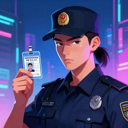 a korean policeman holding a ID card in his hand, hair in short ponytail, a character portrait, synthwave by art artgerm, cg society contest winner, shock art, sci-fi, artstation hq, speedpainting