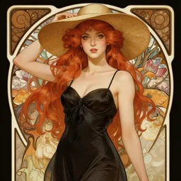 a highly detailed illustration of tall beautiful red haired lady wearing black spaghetti strap dress and sun hat, elegant pose, perfect face, perfect body, perfect eyes, by alphonse mucha, intricate, elegant, highly detailed, centered, digital painting, artstation, concept art, smooth, sharp focus, league of legends concept art, wlop.
