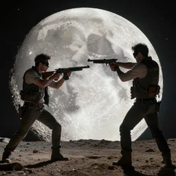 gunfight on the moon, photorealistic, cinematic, high - res