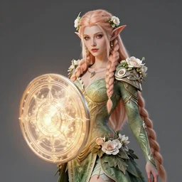 award winning digital portrait of a beautiful female firbolg fully covered in fantasy nature clothing, pretty beautiful female firbolg d & d official art, firbolg professional character art, holding magical round glowing shield, braided hairstyle, long light peach color hair, bloom, intricate, elegant, sharp focus, digital illustration, highly detailed, octane render, digital painting, concept art, art by ruan jia and greg rutkowski and sachin teng and professional character artist, masterpiece