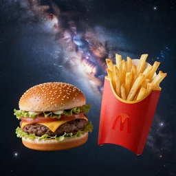 a burger and fries and shake floating through space, realism, 4 k, galaxy, milky way, high detail