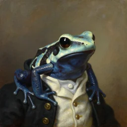 a head - and - shoulders portrait of an amazon milk frog wearing a black coat with a white vest, an american romanticism painting, oil on canvas, cgsociety, soft focus