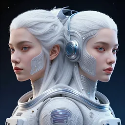portrait of yael shelbia and kang seul - gi, venus squid astronaut, symetrical facial, white hair, intricate design details. cyberpunk, touareg, by ruan jia and weldon casey. smooth gradients, deep space.
