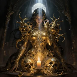 desire and duality, masterpiece close to a candle in dark room,  cinematic, powerful, moon beams dramatic light, highly, intricate gold elements, hollow souls, detailed, digital painting, artstation, concept art, sharp focus, illustration, art by kurozaki sakura, _Z eD_, dexiong gu