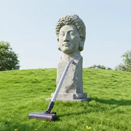 a giant dyson vaccuum cleaner stone statue on a lushy meadow hill surrounded by many colorful praying people, beeple style, sunset, insanely integrate, 3 d render, 8 k