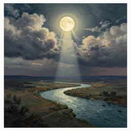 editorial illustration by karolis strautniekas and mads berg, clouds river moon melting into the land, colorful, fine texture, detailed, muted colors, film noir, dramatic lighting, dynamic composition, vivid, matte print, wide angle, ( ( sunbeams ) ), moody, extreme perspective