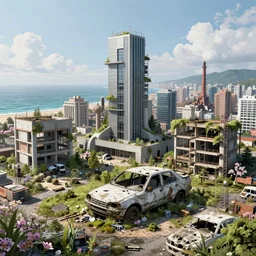 a beautiful hyperdetailed render of architecture urbex abandoned car nature building industrial architecture unfinished building city by kazuyo sejima, sea at spring evil, archdaily, wallpaper, highly detailed, trending on artstation.