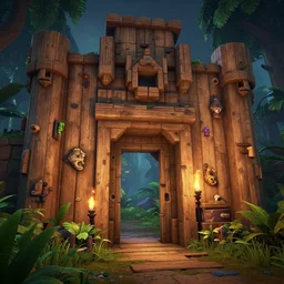 wood wall fortress greeble block amazon jungle portal door unknow world global illumination ray tracing ambiant torch fornite that looks like it is from borderlands and by feng zhu and loish and laurie greasley, victo ngai, andreas rocha, john harris