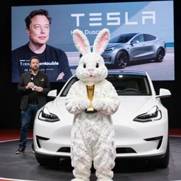 elon musk presenting the new tesla in a bunny custume, award winning photo