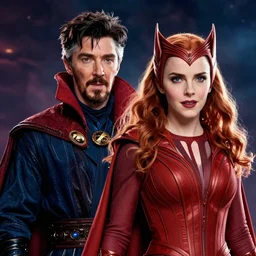 photorealistic art of Daniel Radcliffe as Doctor Strange and Emma Watson as Scarlet Witch, dynamic lighting, space atmosphere, hyperrealism, stunning visuals
