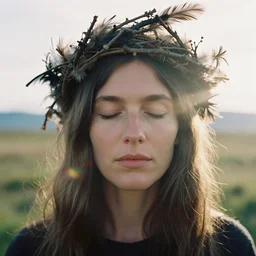 An analog head and shoulder frontal face portrait photography of a woman wearing a twig and feathers crown by Flora Borsi and Annie Leibovitz. Long hair. eyes closed. Kodak Color Plus 800 film. Icelandic mood. detailed. hq. realistic. warm light. muted colors. lens flare. Glare and bloom. photoreal. Medium format photography. Golden hour. Leica M9.
