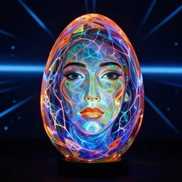 portrait of a plasma energy tron murano candy glass egg designed by david chihuly. made up of glowing swirling electric polygons. tron - world background. photo still by annie liebowitz