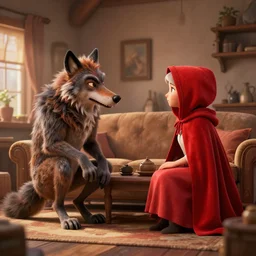 big bad wolf and red riding hood talking in grandma’s living room, 3d scene, render, ultra realistic, zenith view, Greg Rutkowski, artstation, cgsociety, unreal engine, 3d scene, render, ultra realistic
