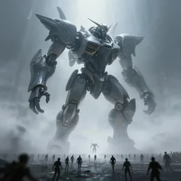a giant mecha cyborg entity, crowds of small people below, darksynth, outrun, ominous, ethereal, misty, volumetric fog, beautiful specular illumination, smooth, dynamic, artstation, epic fantasy, by greg rutkowski, artgerm, 8 k