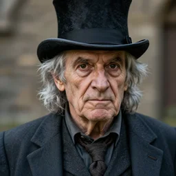 an old male halfling with grey hair and black eyes wearing a suit and top hat, D&D, high detail, photorealistic, portrait