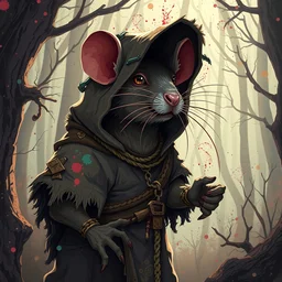 shamanistic anthropomorphic druid rat, wearing infested tattered hood, otherworldly forest, pixiv fanbox, dramatic lighting, maximalist pastel splatter paint, pixar and disney concept, graphic novel by fiona staples and dustin nguyen, peter elson, alan bean, wangechi mutu, clean cel shaded vector art, trending on artstation