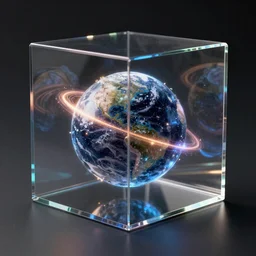 photo realistic glass cube contains a whole universe inside, photography style, octane 3d render, DAZ, unreal engine, 8k, hyper realistic, high detailed, cinematic lighting, volumetric rays
