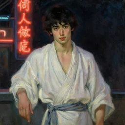 wuxia, summer, attractive male, neon light, painting by gaston bussiere, craig mullins, j. c. leyendecker