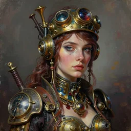 Woman gouache self-portrait steampunk colorful technology