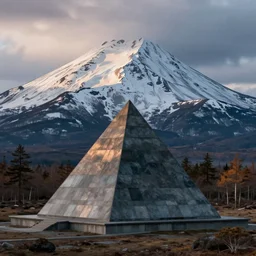 a monolithic pyramid in a taiga next to a snowcapped mountain.