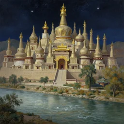 a beautiful painting of the view from the river of the domes and towers of the ancient tibetan carved stone city, under the night sky with stars, intricate, elegant, highly detailed, digital painting, artstation, concept art, by krenz cushart and artem demura and alphonse mucha