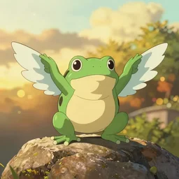anime art, anime key visual of a frog, flapping wings, standing on a large rock, golden hour sunset lighting, background blur bokeh!!, trending on pixiv fanbox, studio ghibli, extremely high quality artwork